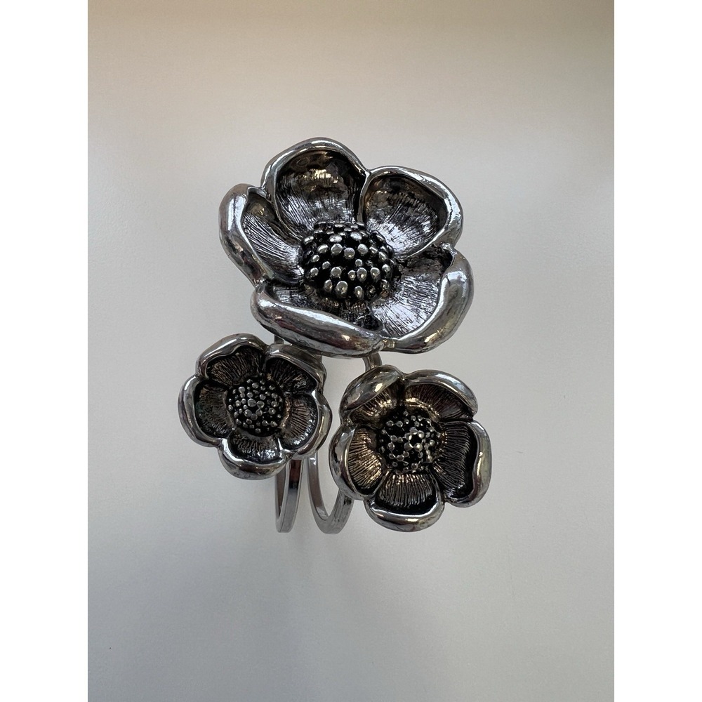 Silver Toned Flower Floral Poppy Cuff Rigid Bracelet Bohemian Festival Fairy